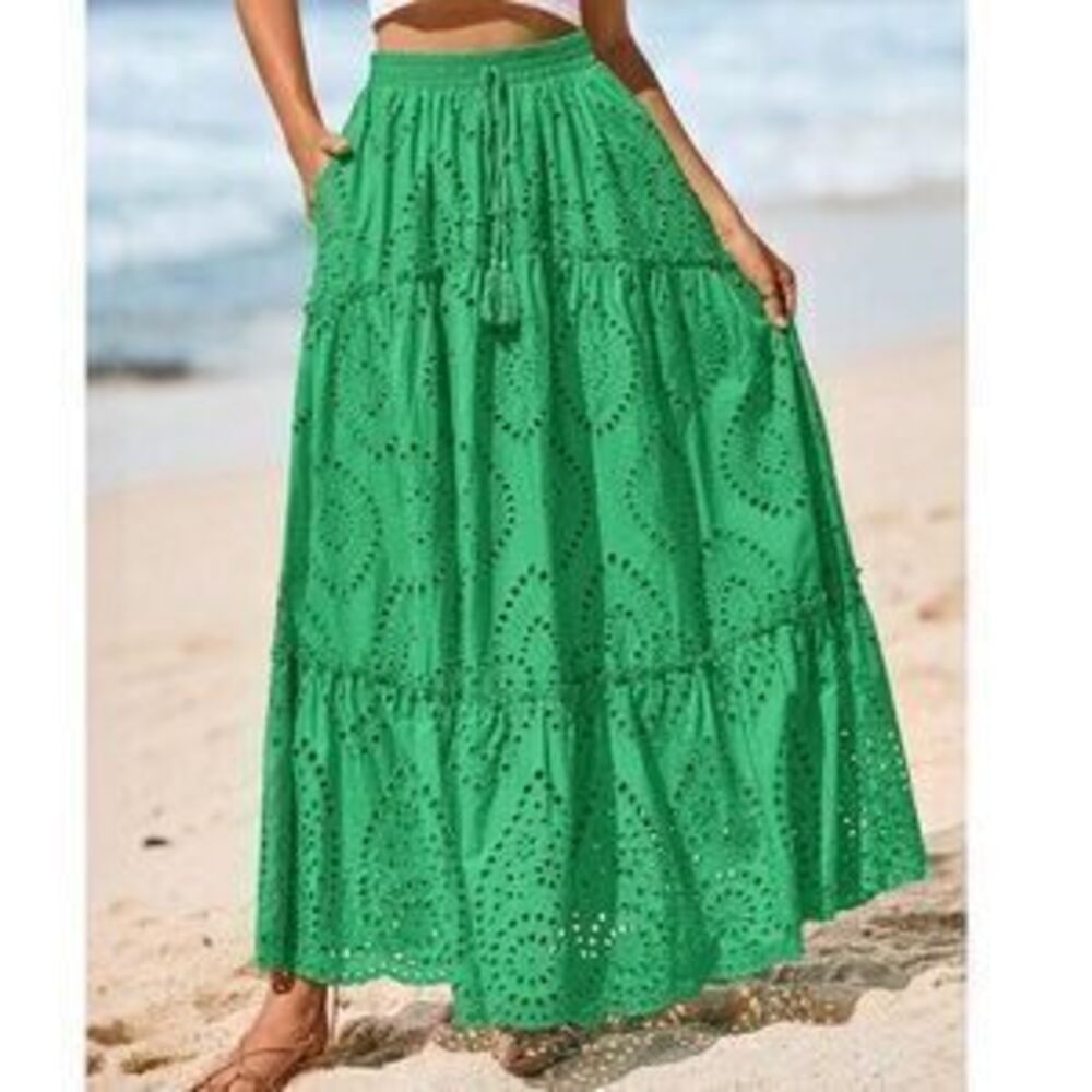 Boho Eyelet Lace stretchy waist Flowy Maxi Skirt - Picture 3 of 3